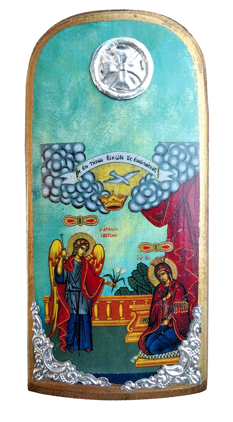Iconsgr Wooden Greek Christian Orthodox Wood Icon of The Annunciation (Evangelismos) of the Theotokos / K30 - Image 1